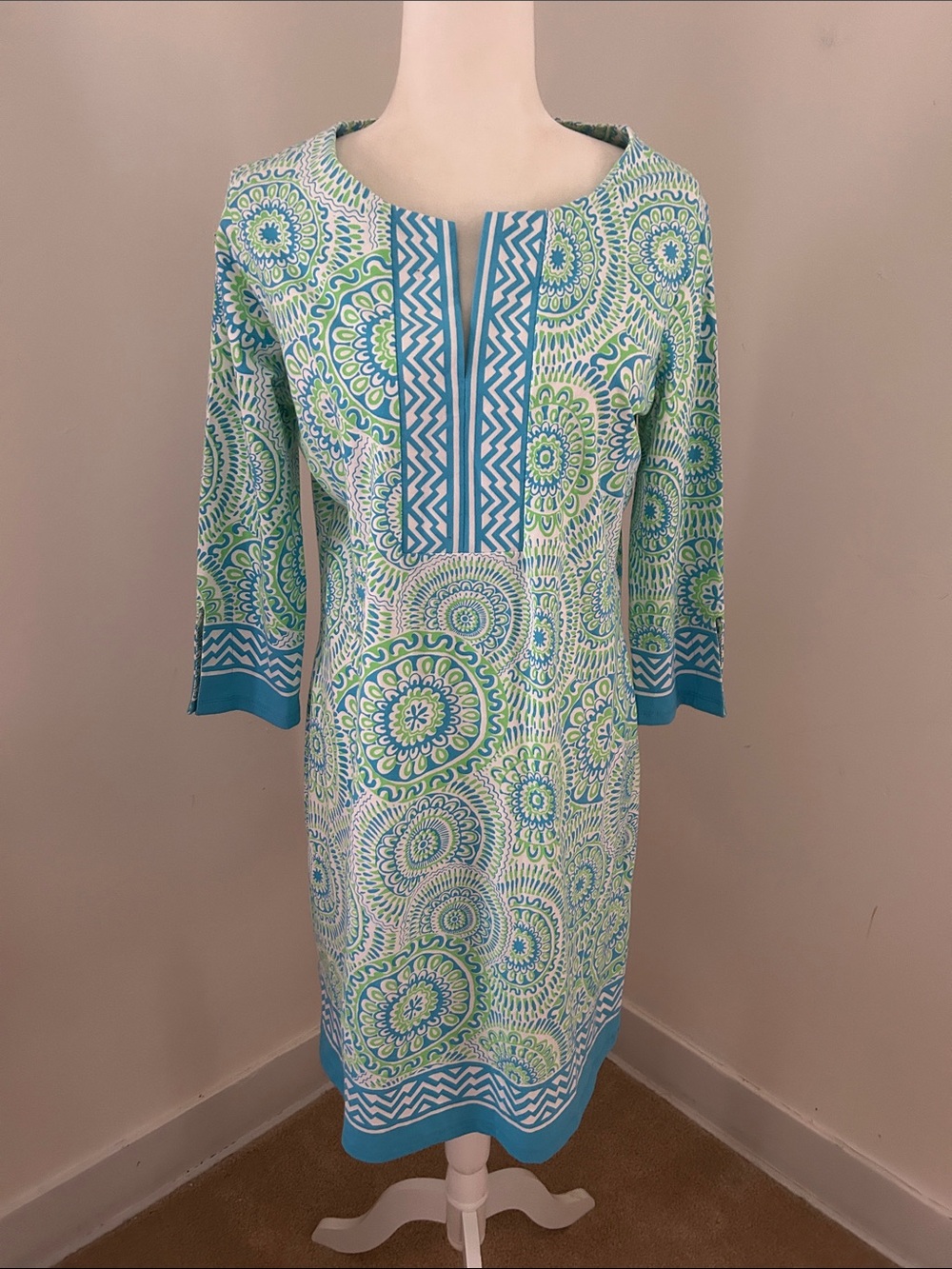 Barbara Erickson Blue & Green Medallion Print Cotton Shift Dress sz L - Picture 1 of 7